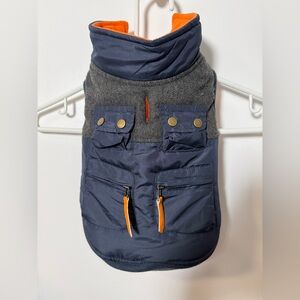 🐾 Dog Jacket / Coat – Small (Fits ~12–15 lb Dog) – Navy, Grey & Orange